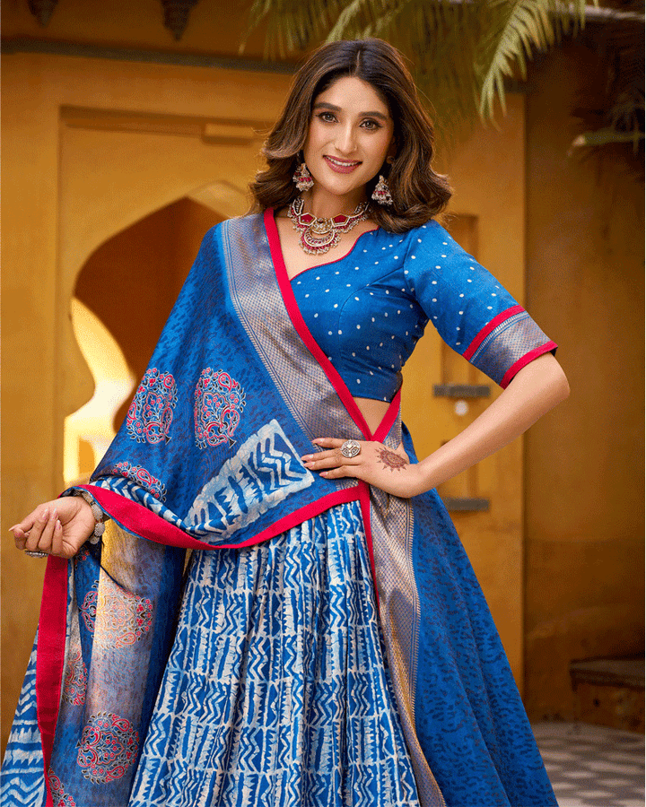 Blue Color Ethnic Batik Printed Lehenga Set