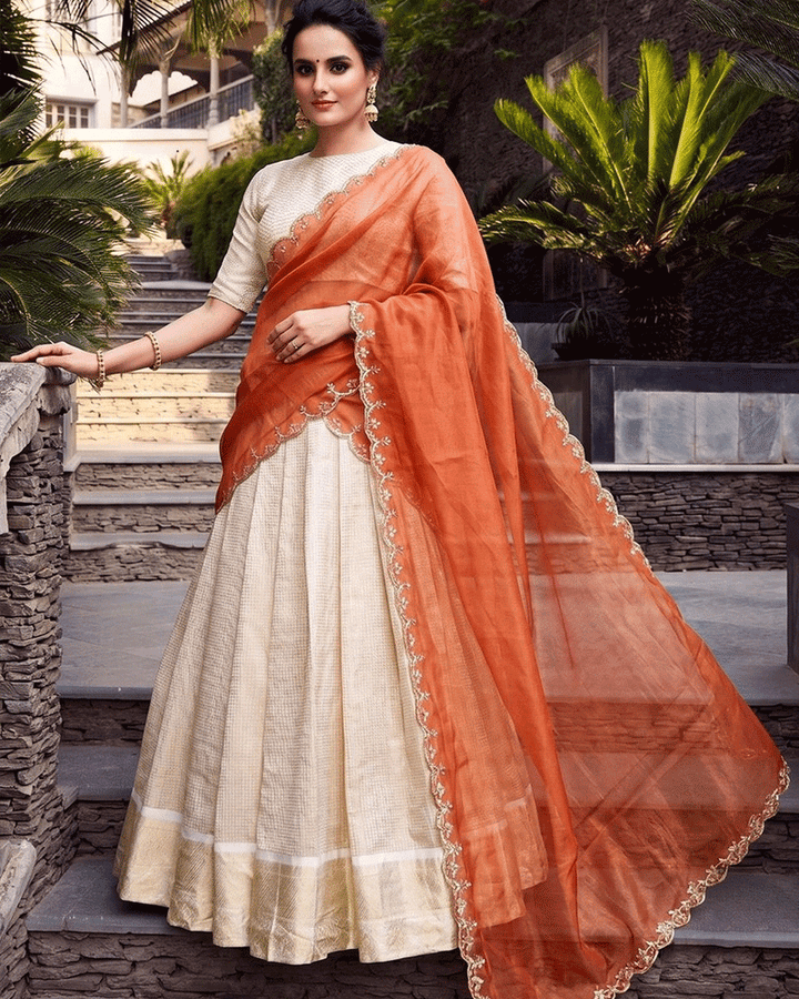 Orange Color Crafted Jacquard Chex Half Saree