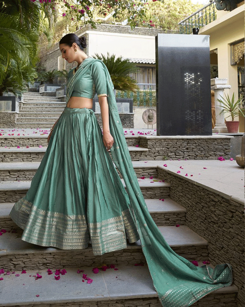 Beautiful Sea Green Color Pure Chanderi Lehenga Choli