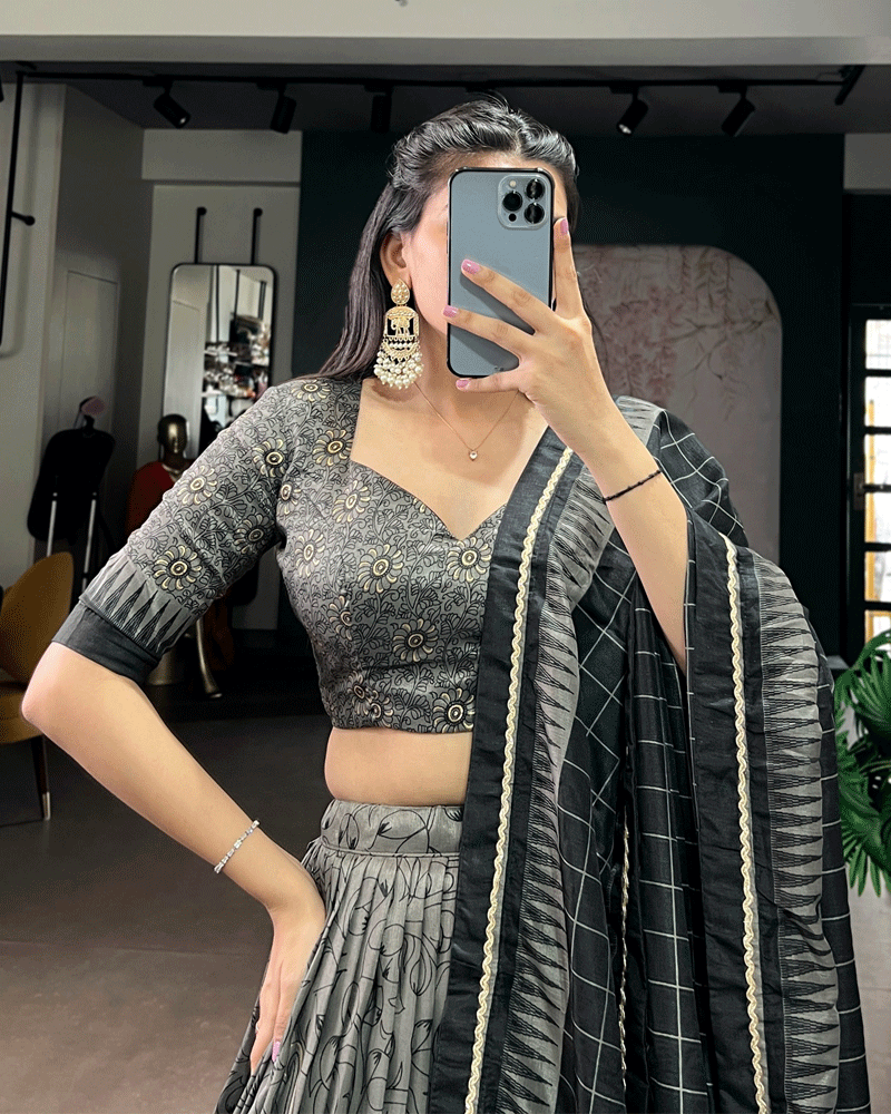 Grey Color Kalamkari Printed Flared Lehenga Choli Set