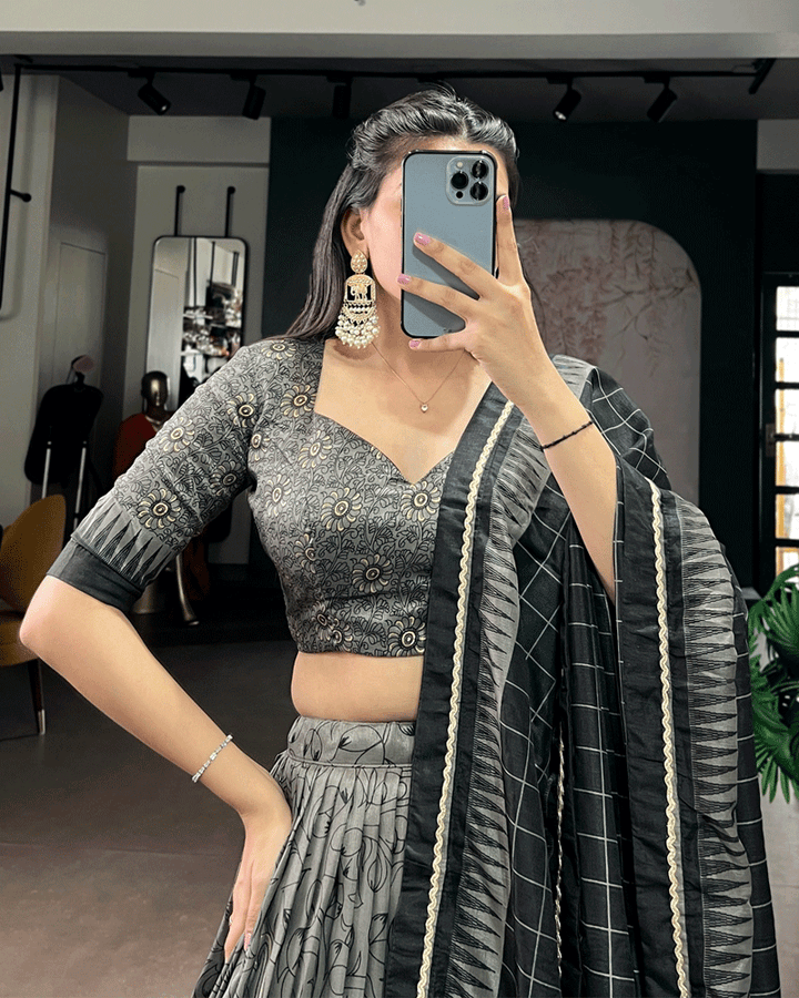 Grey Color Kalamkari Printed Flared Lehenga Choli Set