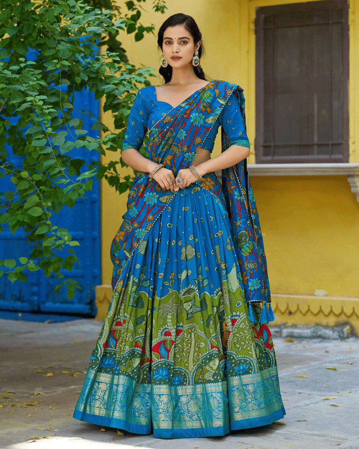 Firozi Color Tasar Silk Printed Lehenga Choli