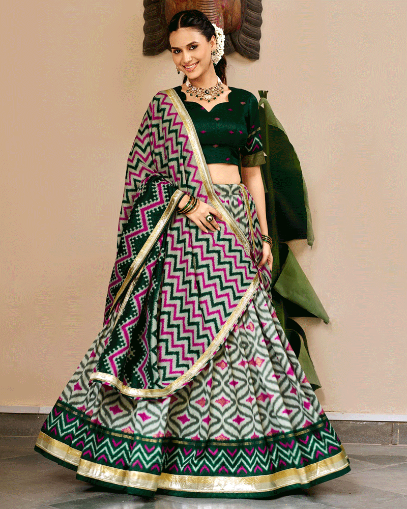 Elegant Green Color Tasar Silk Printed Lehenga Choli