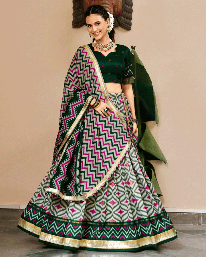 Elegant Green Color Tasar Silk Printed Lehenga Choli