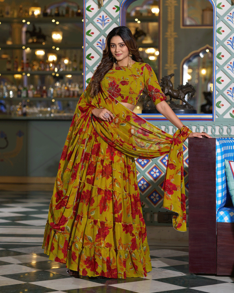 Designer Olive Yellow Floral Printed Marble Lehenga Choli