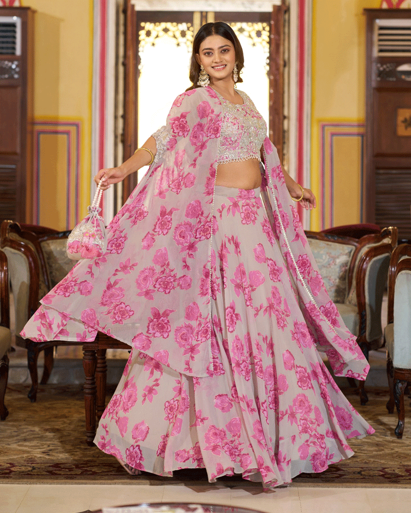 Pink Georgette Embroidered Lehenga Choli