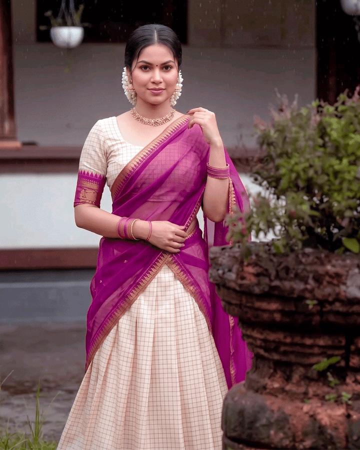 Purple Color Crafted Poly Cotton Half Saree