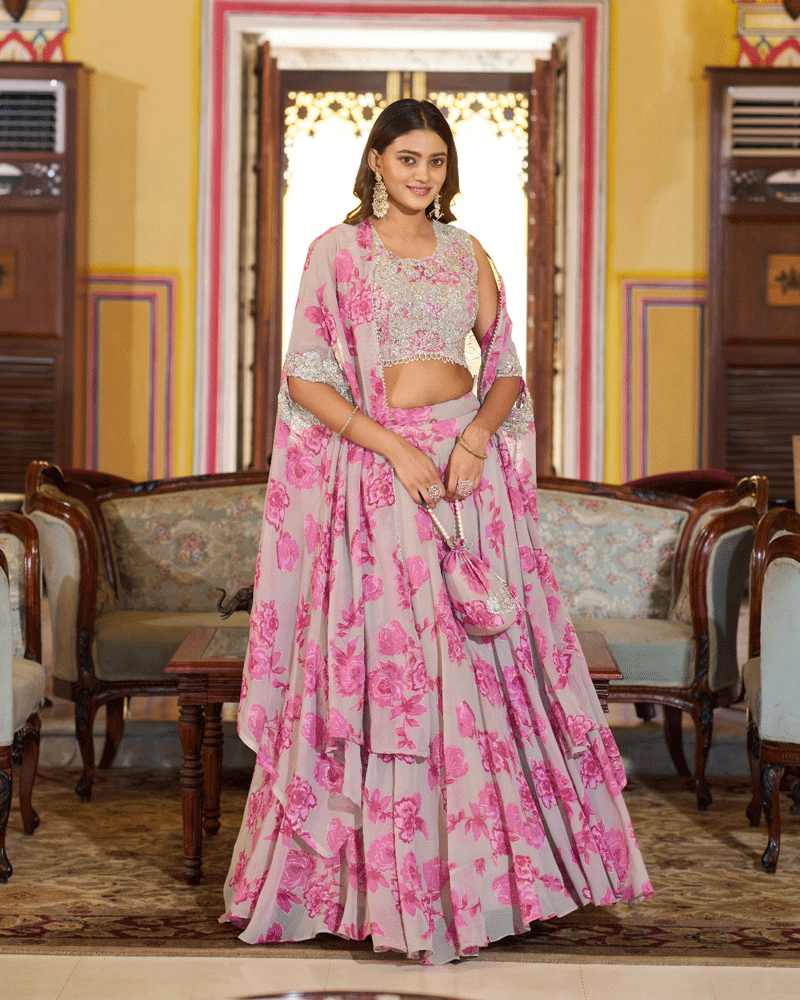 Pink Georgette Embroidered Lehenga Choli