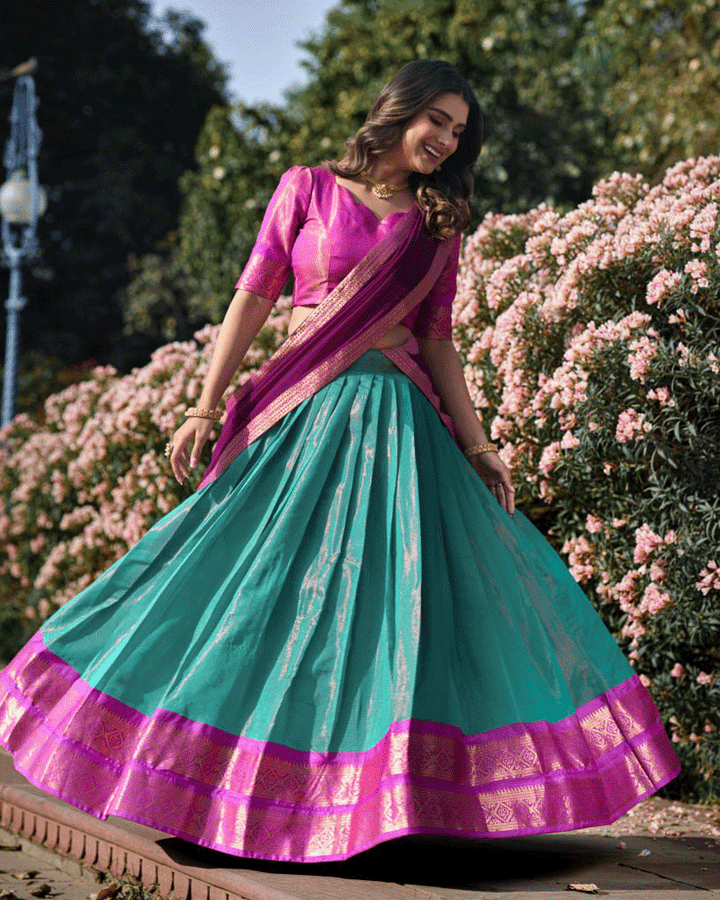 Designer Sky Blue Kanchipuram Half Saree