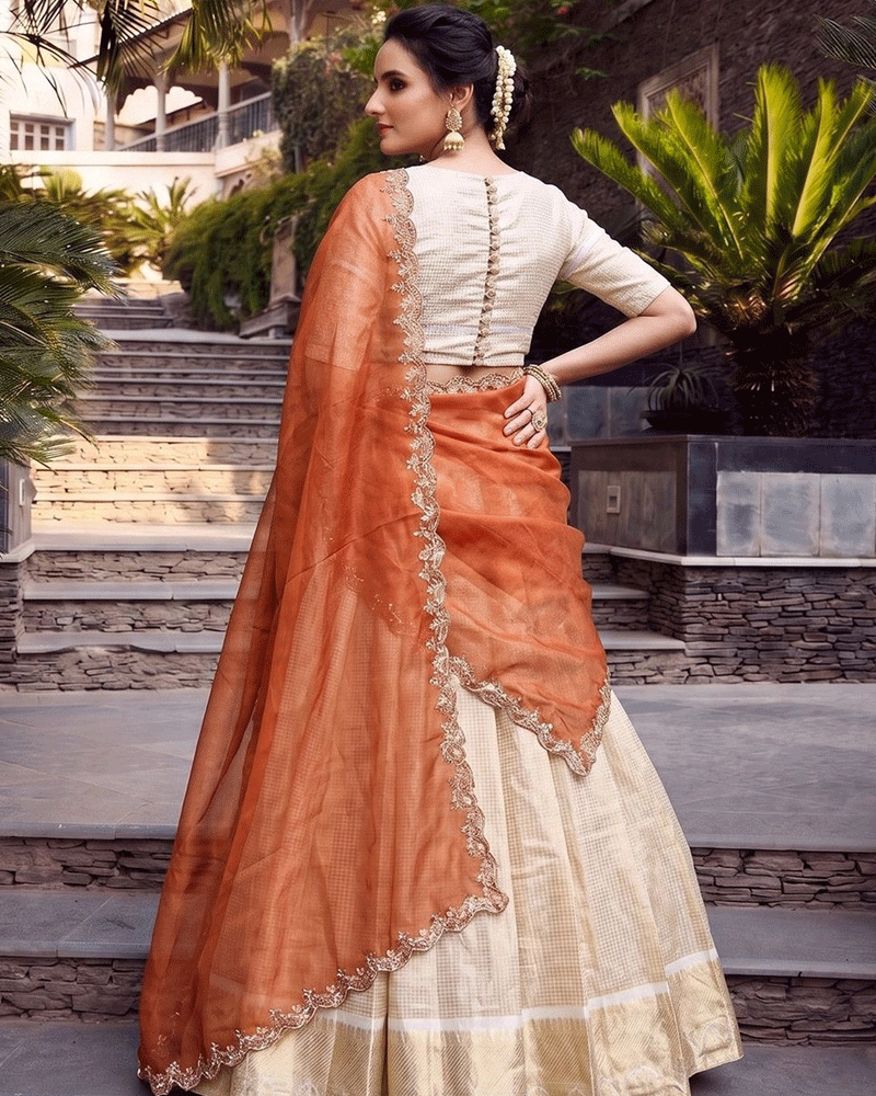 Orange Color Crafted Jacquard Chex Half Saree