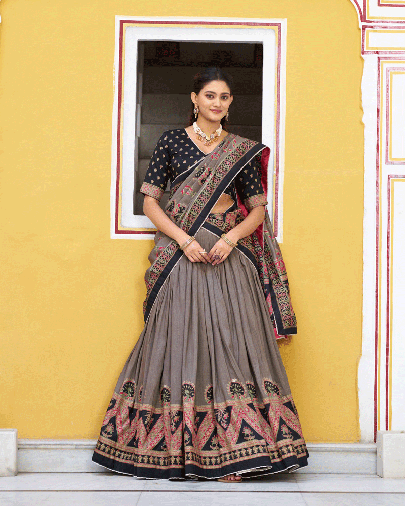 Designer Black Color Tasar Silk Printed Lehenga Choli