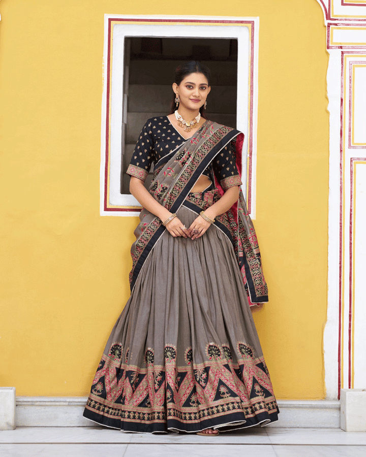 Designer Black Color Tasar Silk Printed Lehenga Choli