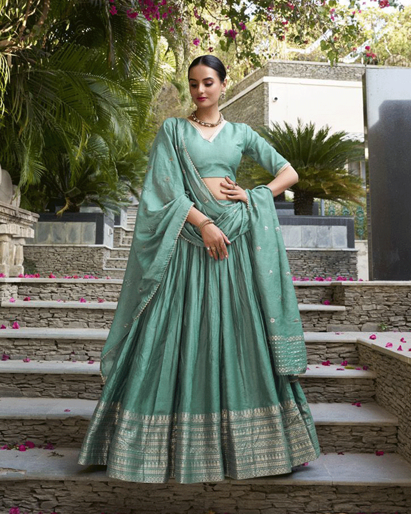 Beautiful Sea Green Color Pure Chanderi Lehenga Choli