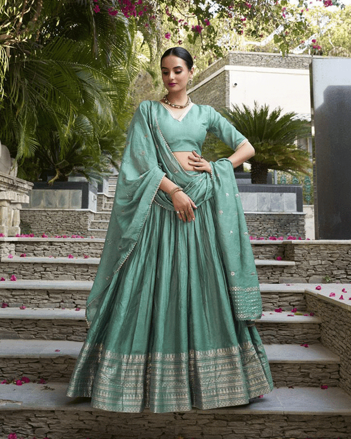 Beautiful Sea Green Color Pure Chanderi Lehenga Choli