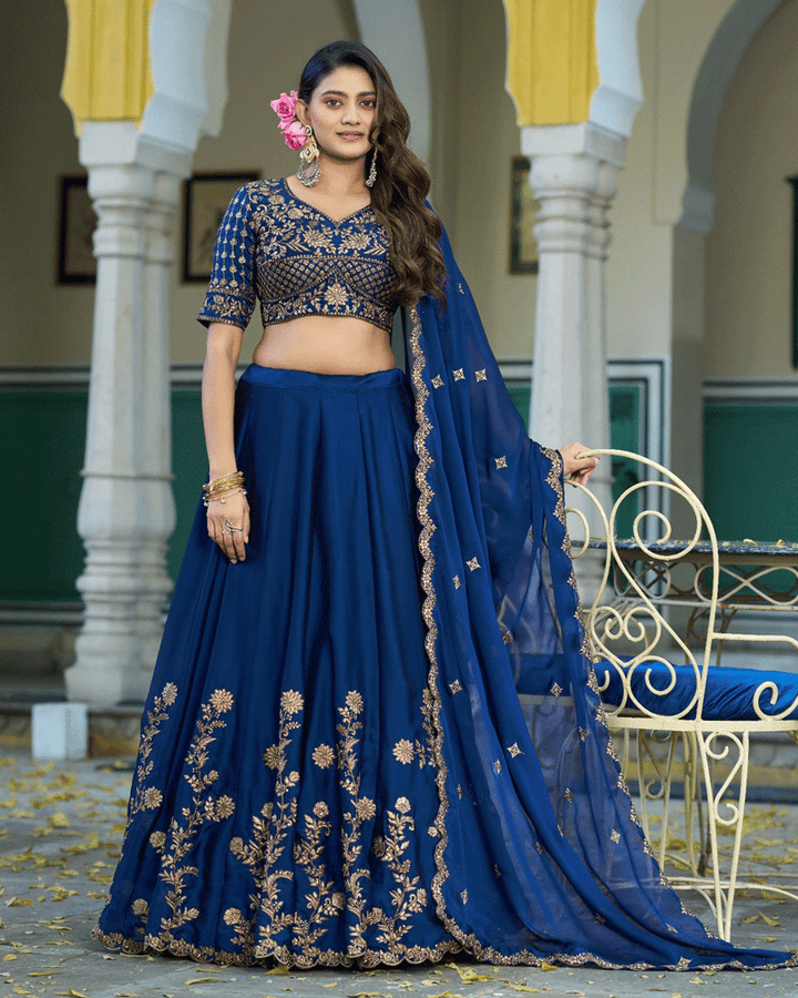 Navy Blue Floral Embroidered Rangoli Silk Lehenga Choli