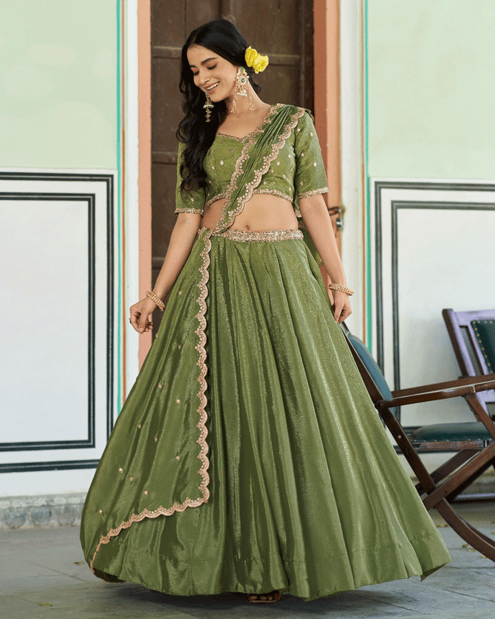 Pista Color Chinon Silk Embroidered Glamorous Lehenga Choli