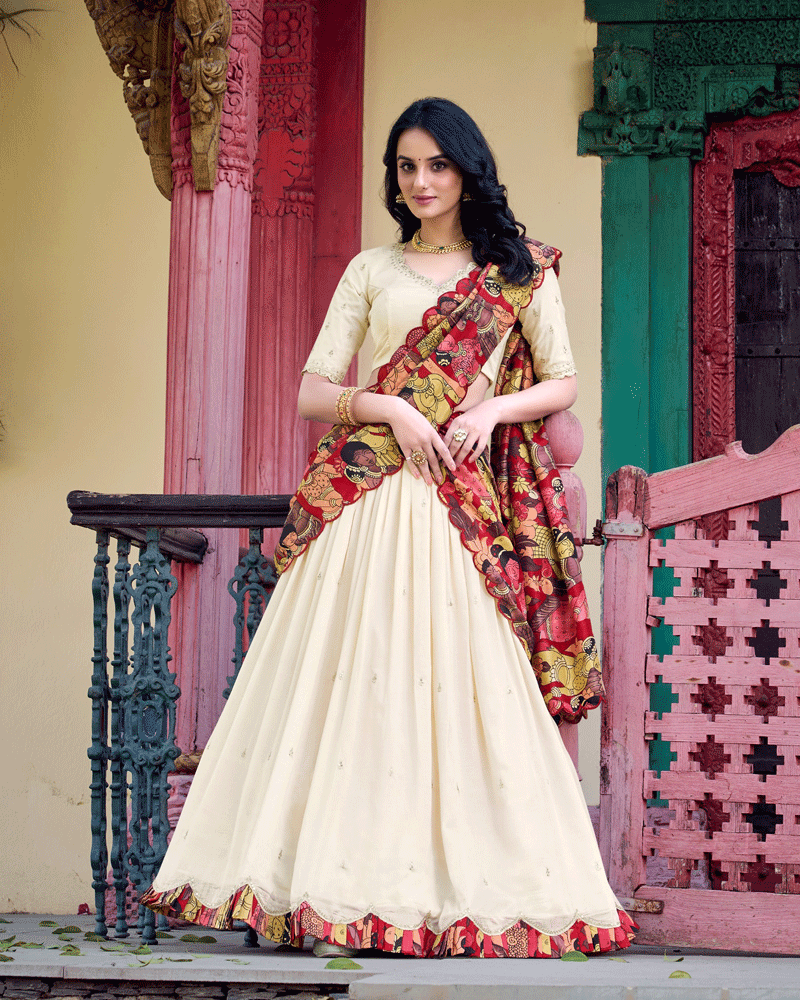 Off-White Vichitra Silk Embroidered Lehenga Choli Set