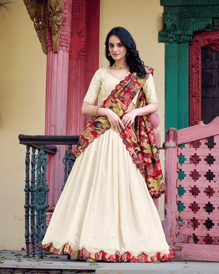 Off-White Vichitra Silk Embroidered Lehenga Choli Set