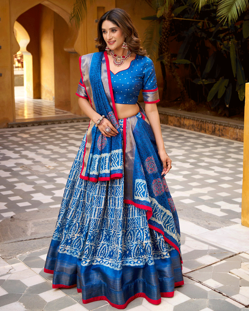 Blue Color Ethnic Batik Printed Lehenga Set
