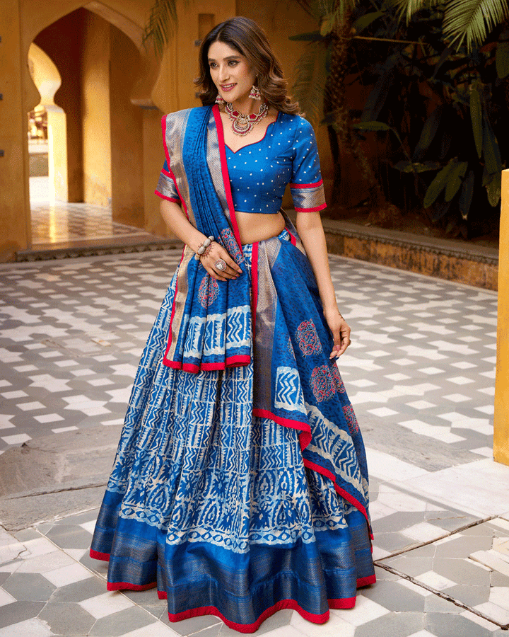 Blue Color Ethnic Batik Printed Lehenga Set