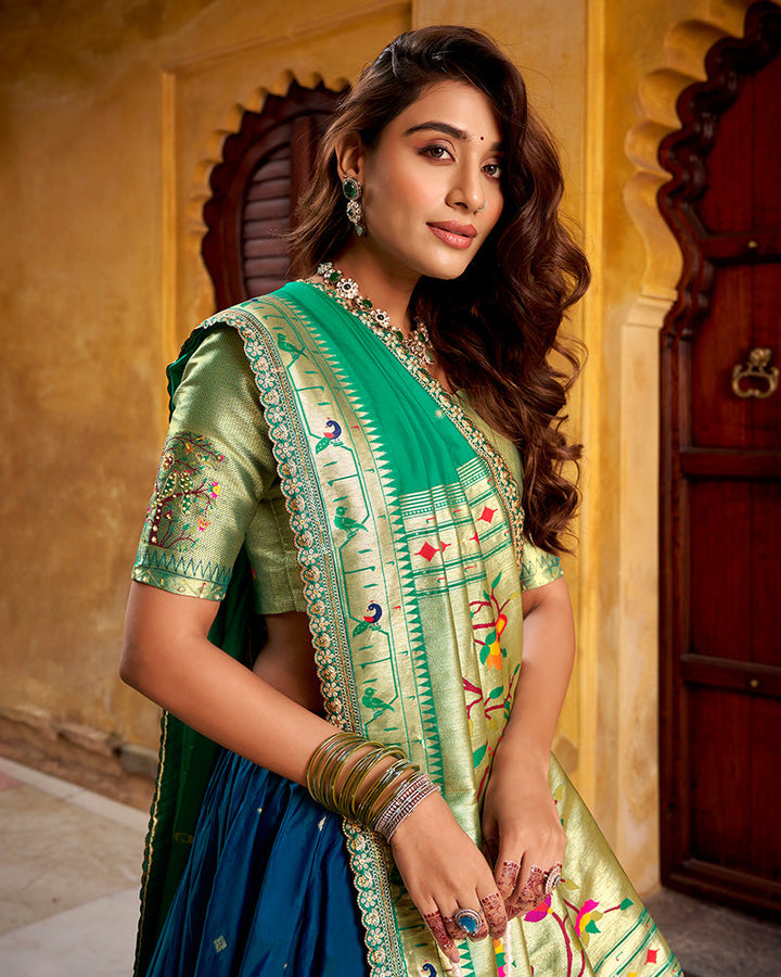 Designer Navy Blue Soft Paithani Silk Lehenga Choli