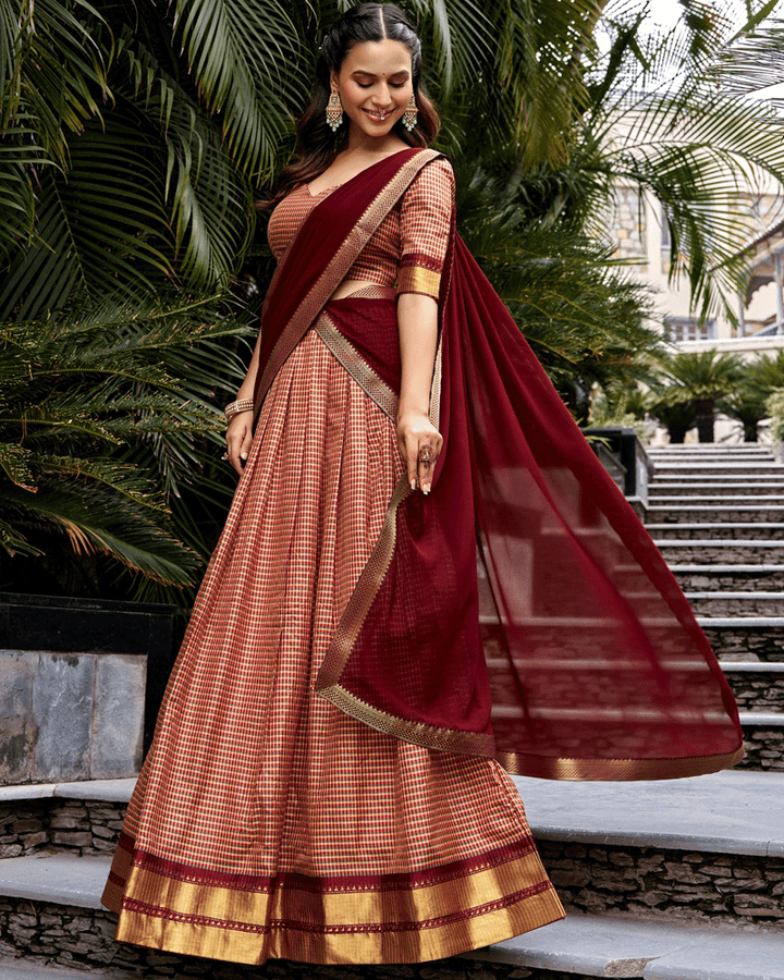 Vibrant Peach Color Kanchi Cotton Silk Half Saree