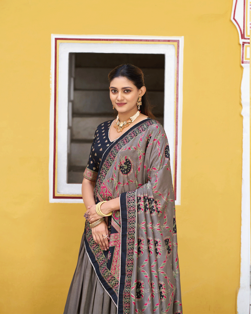 Designer Black Color Tasar Silk Printed Lehenga Choli
