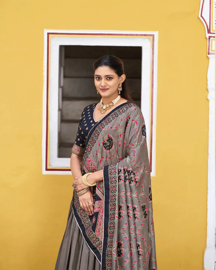 Designer Black Color Tasar Silk Printed Lehenga Choli