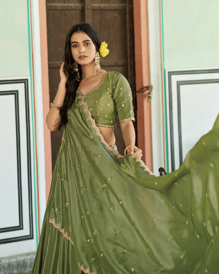 Pista Color Chinon Silk Embroidered Glamorous Lehenga Choli
