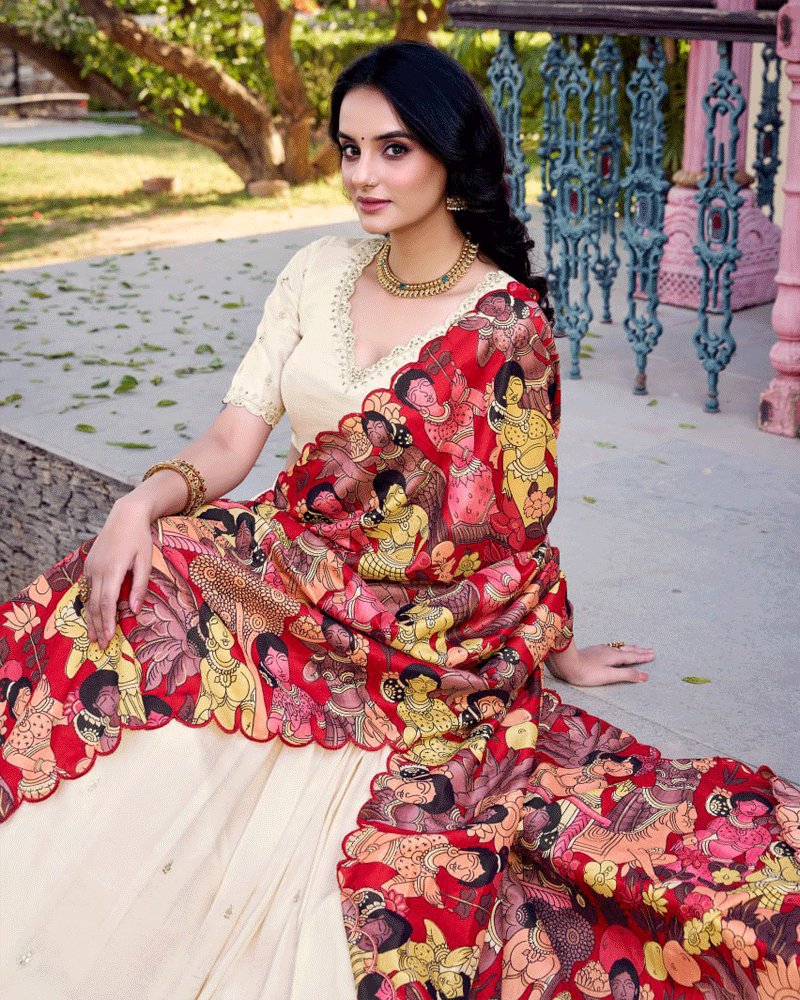 Off-White Vichitra Silk Embroidered Lehenga Choli Set