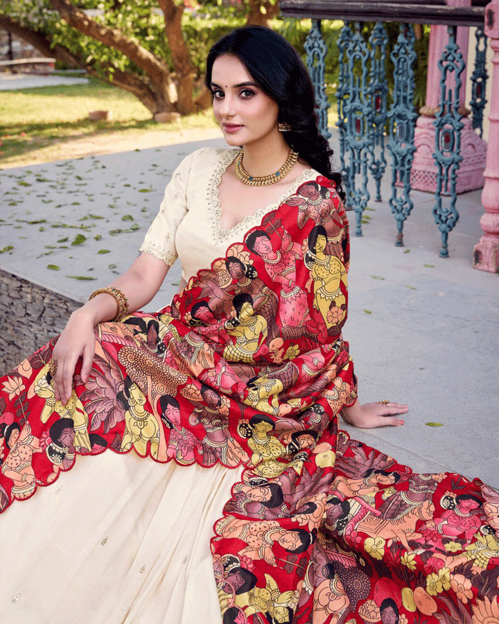 Off-White Vichitra Silk Embroidered Lehenga Choli Set