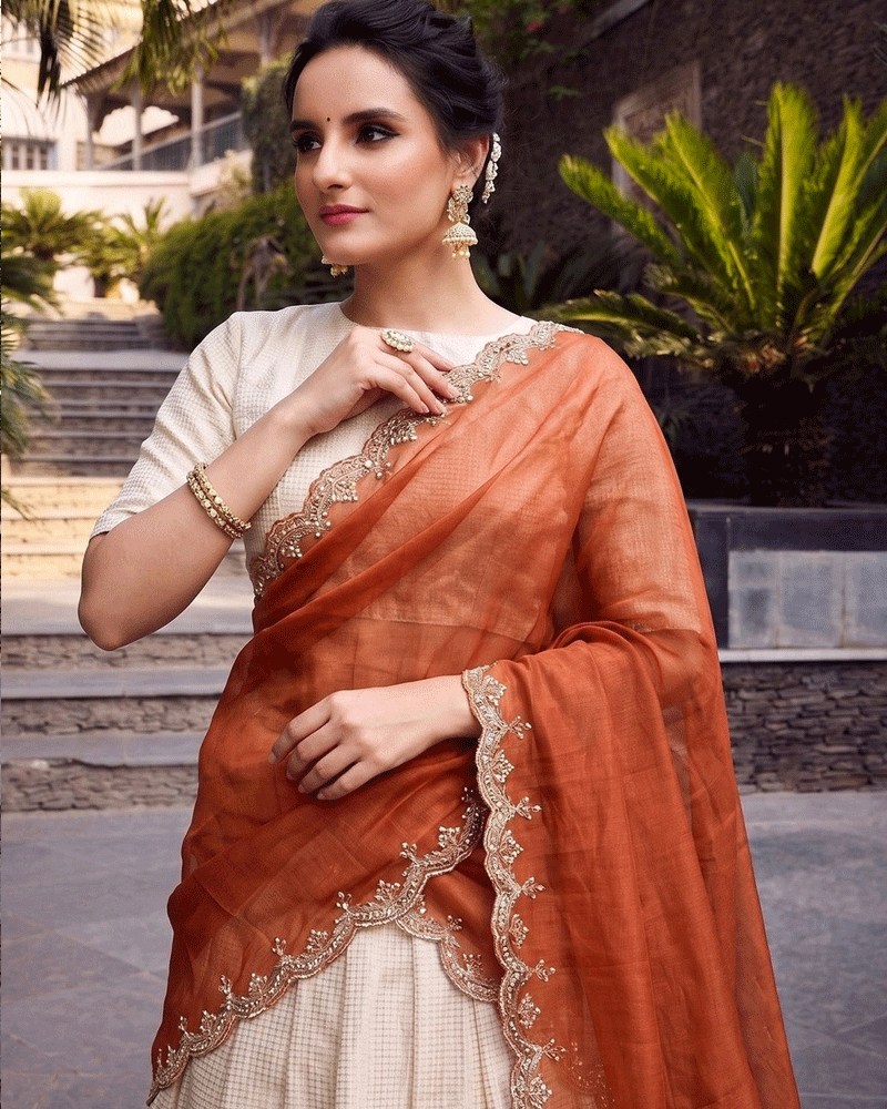 Orange Color Crafted Jacquard Chex Half Saree