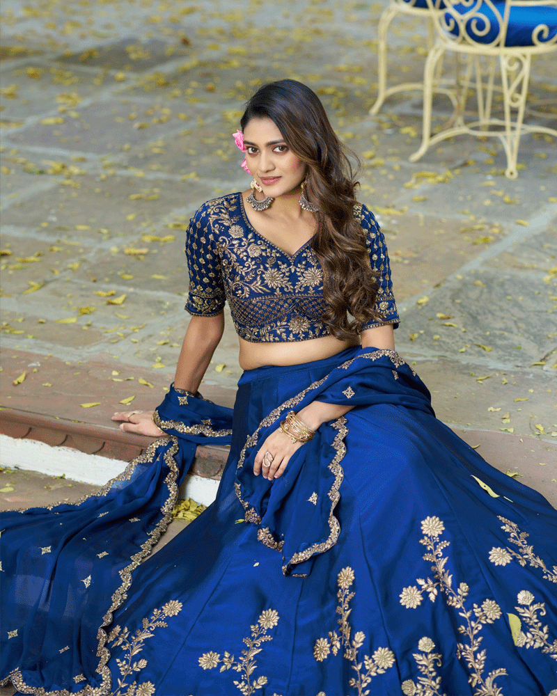 Navy Blue Floral Embroidered Rangoli Silk Lehenga Choli