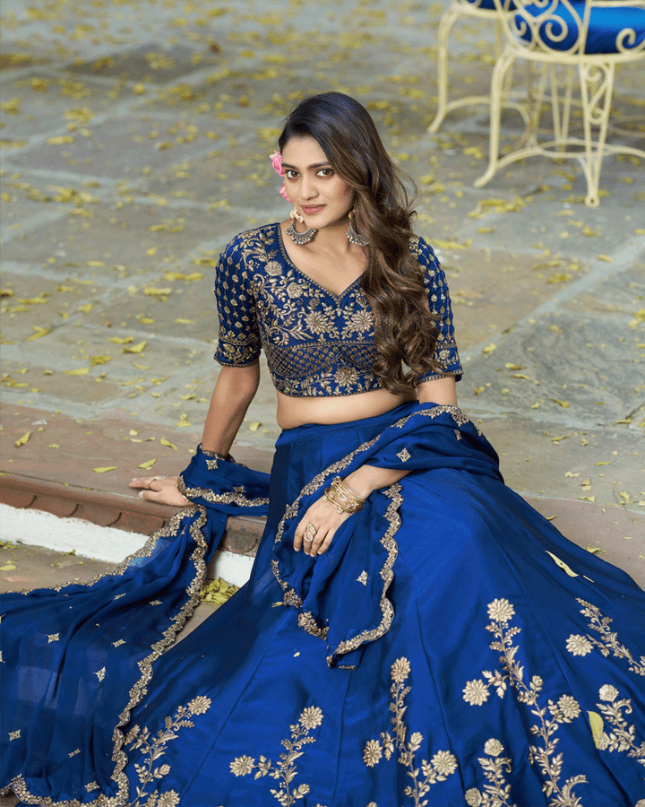 Navy Blue Floral Embroidered Rangoli Silk Lehenga Choli