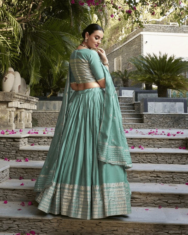 Beautiful Sea Green Color Pure Chanderi Lehenga Choli