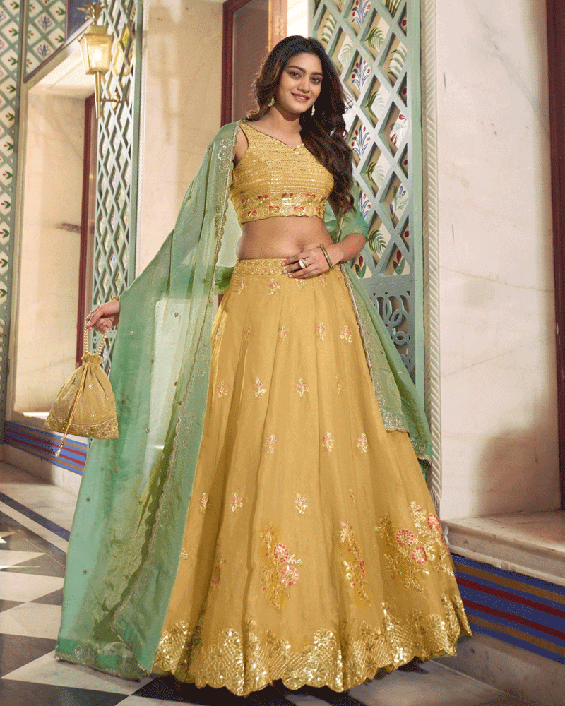 Mustard Gold Floral Embroidered Silk Lehenga Choli