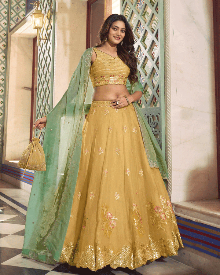 Mustard Gold Floral Embroidered Silk Lehenga Choli