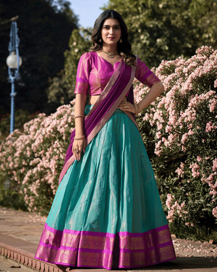Designer Sky Blue Kanchipuram Half Saree