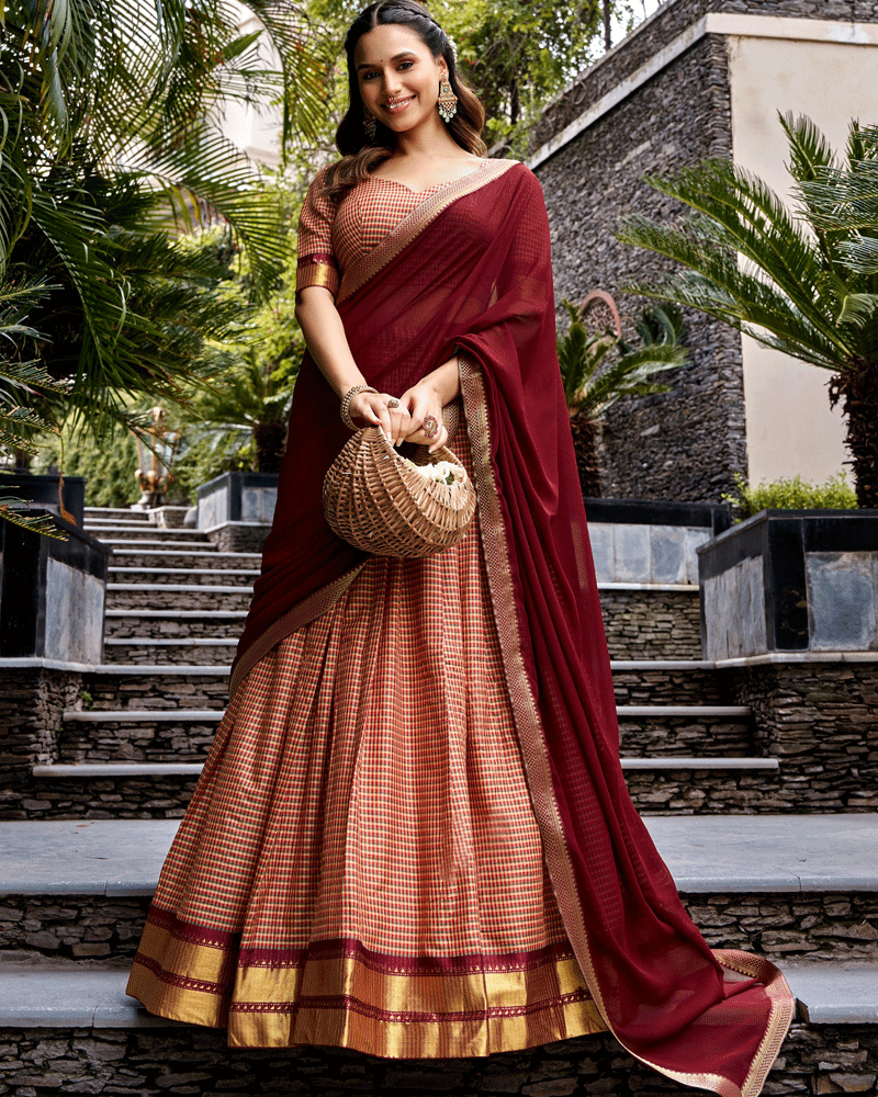 Vibrant Peach Color Kanchi Cotton Silk Half Saree