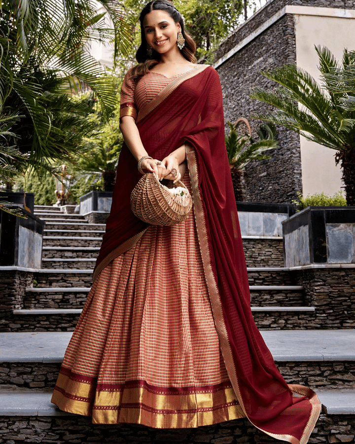 Vibrant Peach Color Kanchi Cotton Silk Half Saree