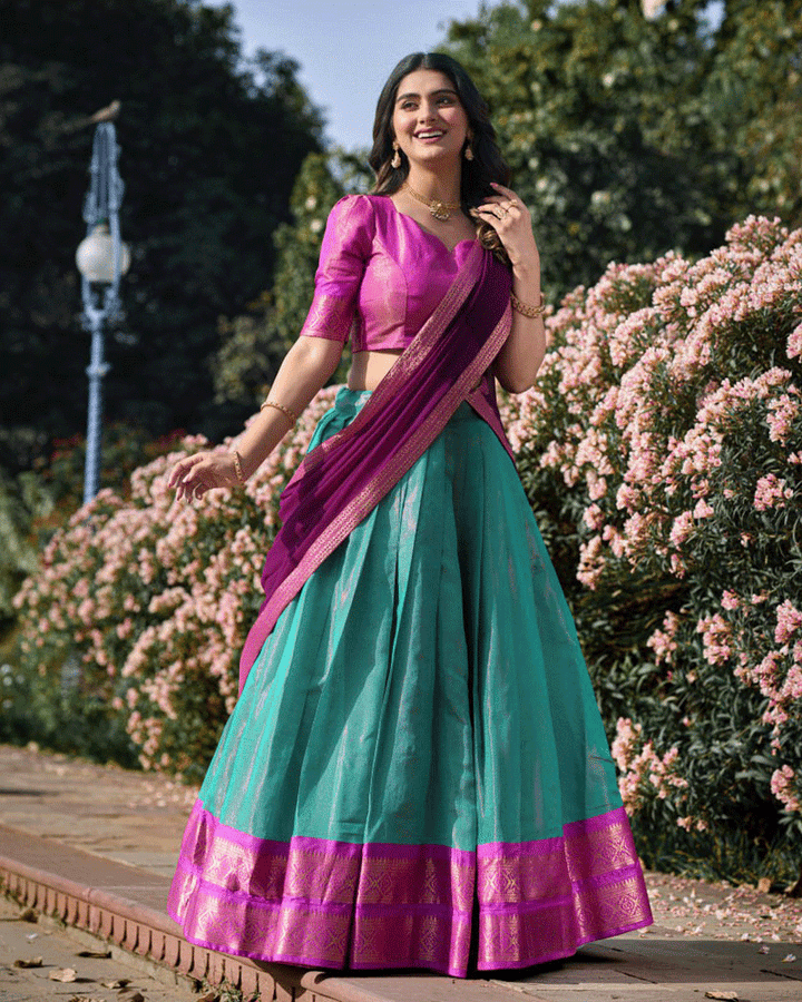 Designer Sky Blue Kanchipuram Half Saree