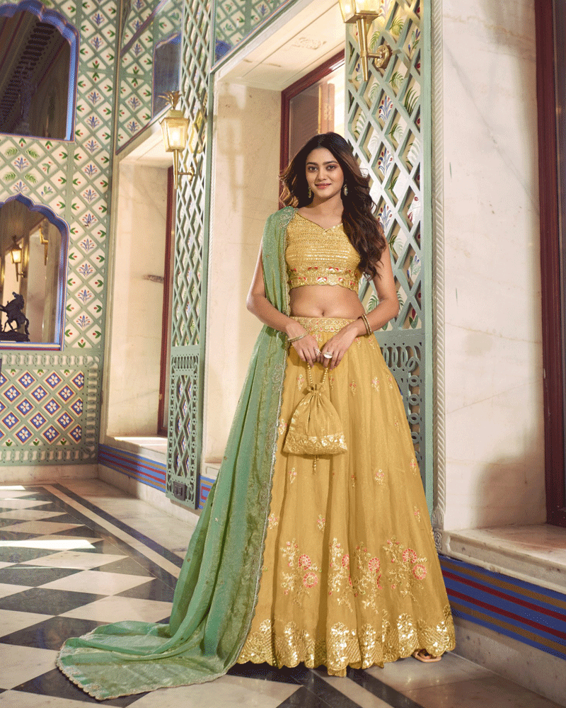 Mustard Gold Floral Embroidered Silk Lehenga Choli