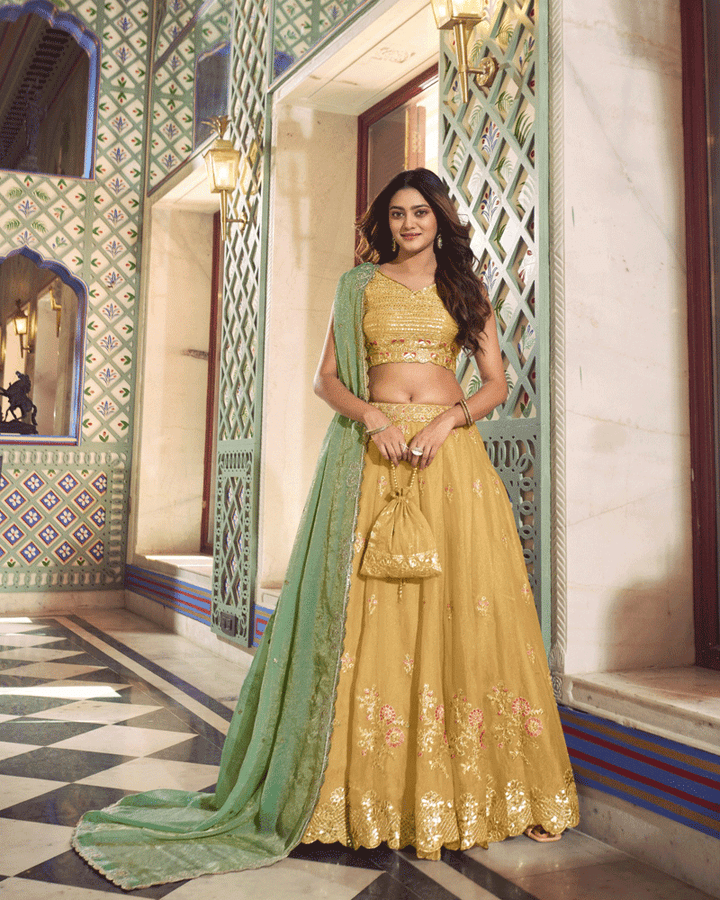 Mustard Gold Floral Embroidered Silk Lehenga Choli