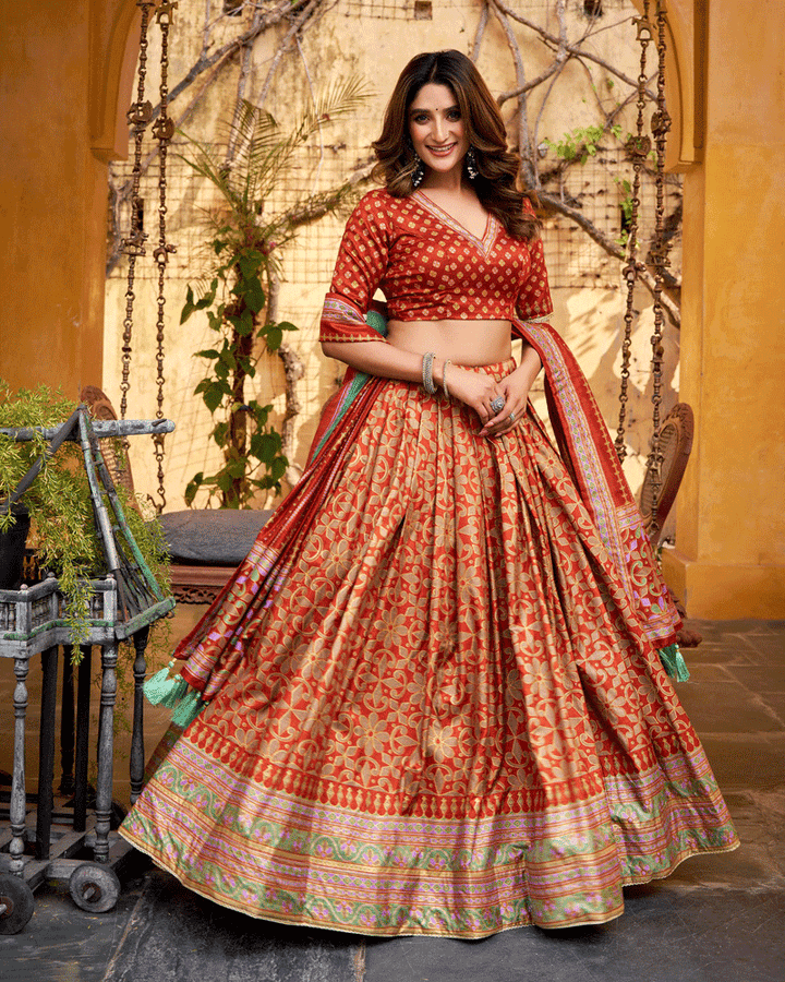 Rust Orange Color Sparkle Printed Silk Lehenga Choli