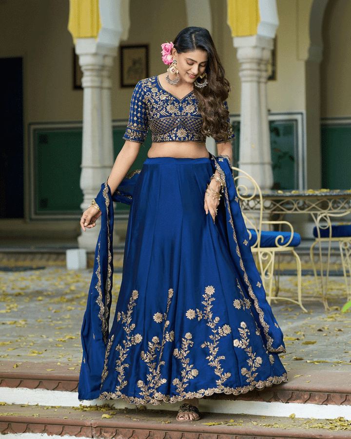 Navy Blue Floral Embroidered Rangoli Silk Lehenga Choli
