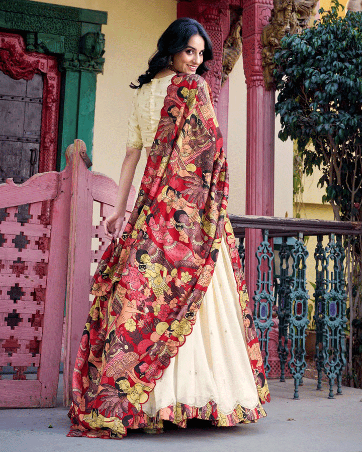 Off-White Vichitra Silk Embroidered Lehenga Choli Set