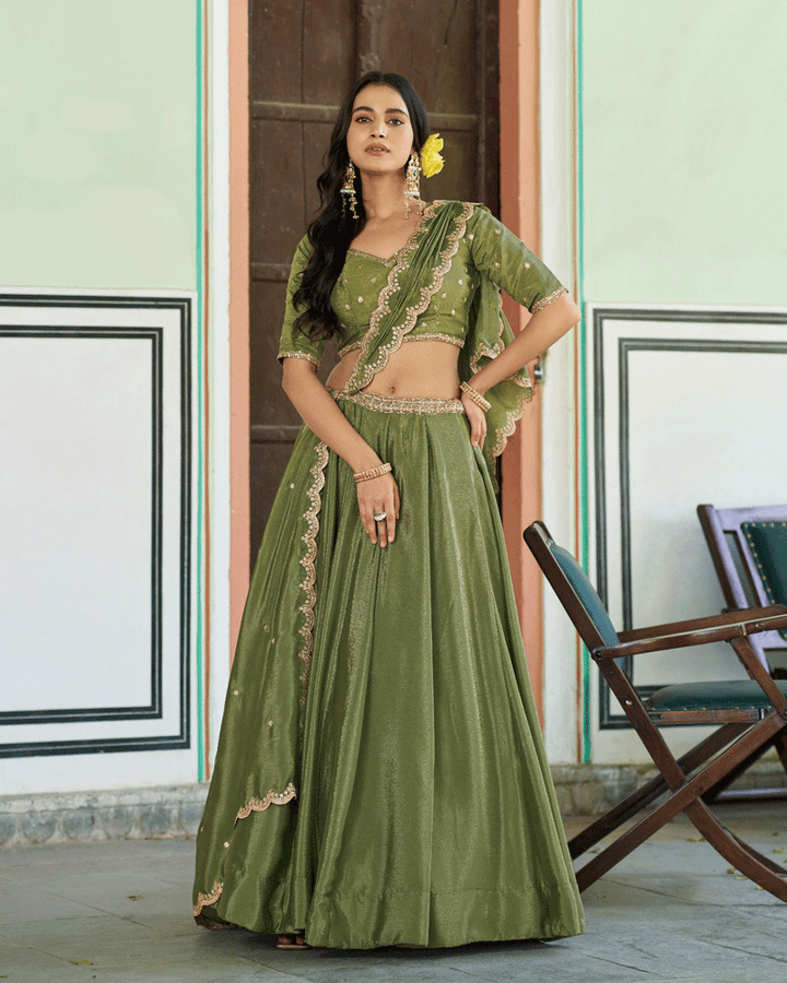 Pista Color Chinon Silk Embroidered Glamorous Lehenga Choli