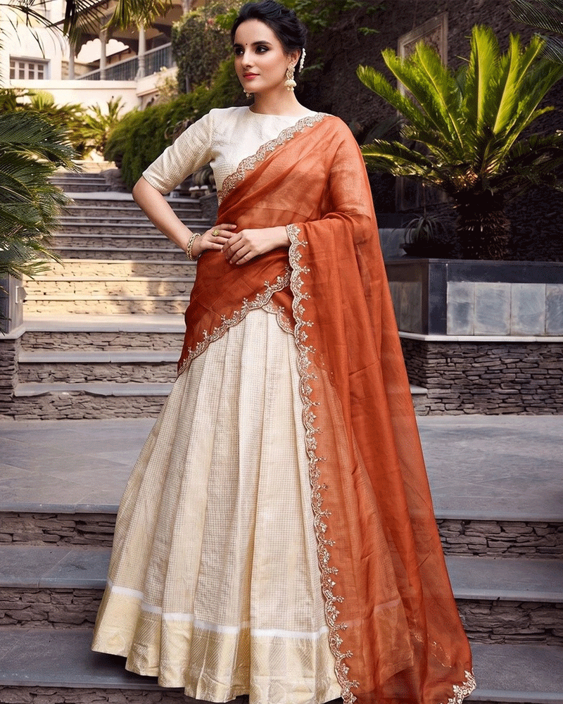 Orange Color Crafted Jacquard Chex Half Saree