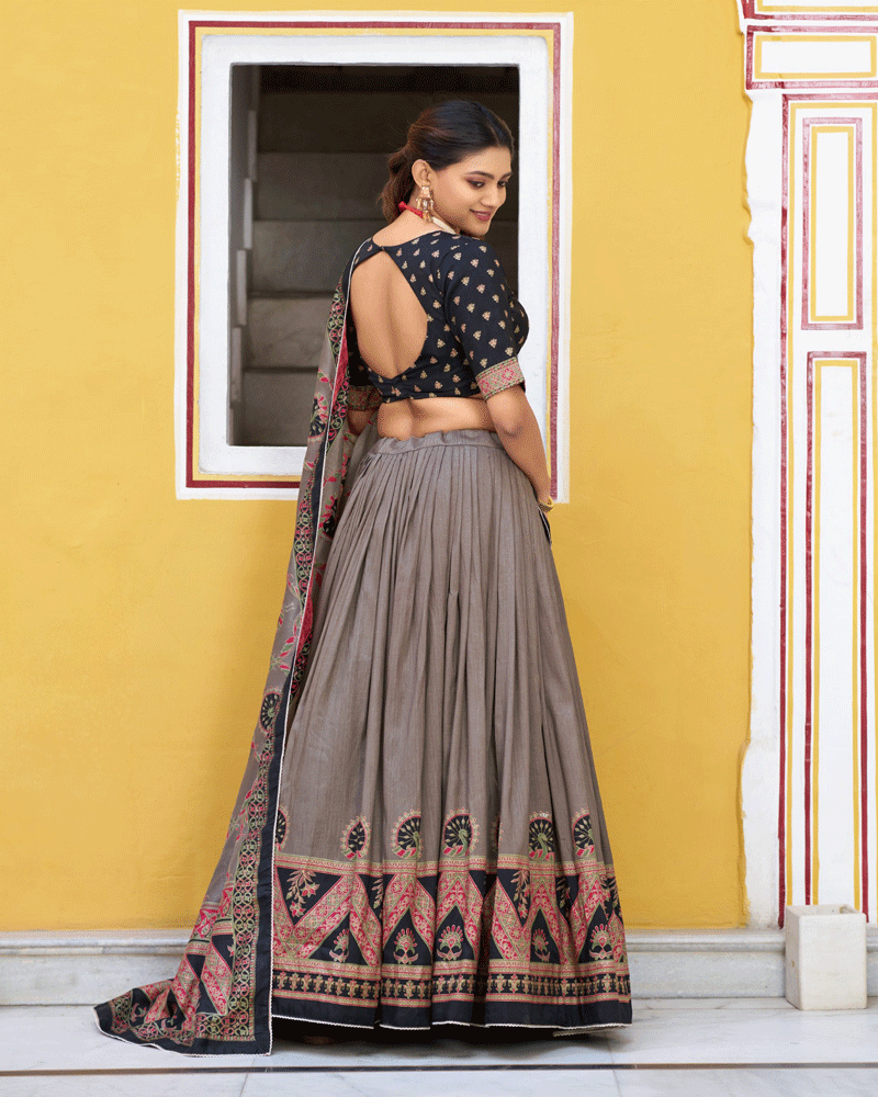 Designer Black Color Tasar Silk Printed Lehenga Choli