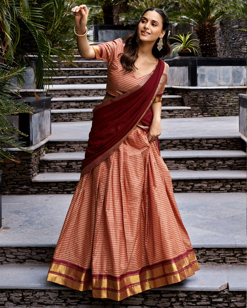 Vibrant Peach Color Kanchi Cotton Silk Half Saree